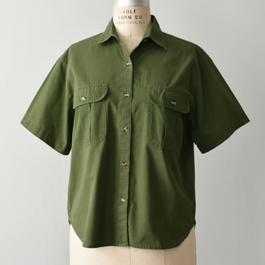 vintage olive green cotton blouse, 90s button down shirt, size M 