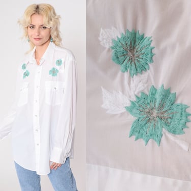 Embroidered Western Shirt 70s White Floral Pearl Snap Shirt Metallic Button up Flower Rodeo Cowboy Top Vintage 1970s Men's Large 