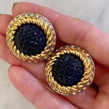 French Blue Jewel Resin Gold Clip Earrings