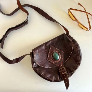 Vintage Handmade Brown Genuine Leather Green Stone Crossbody Bag 