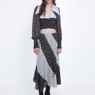 Anna Sui Ditsy Dot Chiffon Contrast Flowy Skirt - Black/White Multi