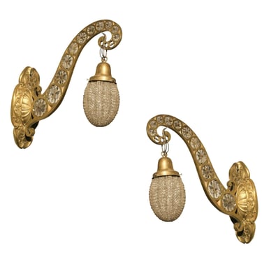 Hollywood Regency Brass and Crystal Beaded Sconce, Pair 