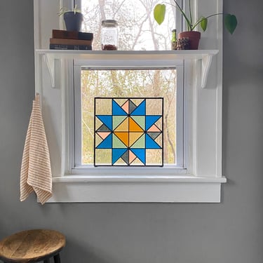 Stained Glass Barn Quilt Geometric / Handmade Multi Color Suncatcher Blue Yellow Pink Gray Clear Window Panel 16 x 16 16