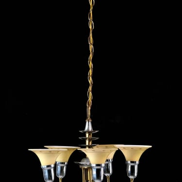 1930s Art Deco 5 Arm Etched Glass Shades Brass & Nickel Chandelier
