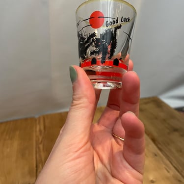 Black Cat Shot Glass 1960s Vintage Midcentury Modern Novelty Halloween Good Luck 