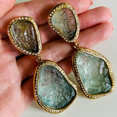 Huge Blue 'Rock Crystal' Lucite Drop Statement Earrings