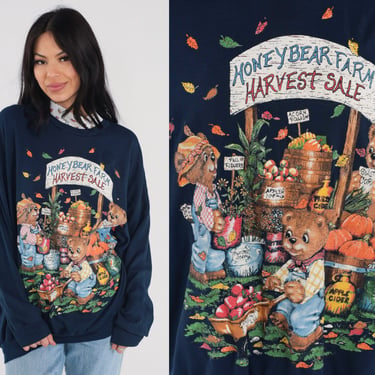 Autumn Bear Sweatshirt 90s Honeybear Farm Harvest Sale Shirt Fall Leaves Print Mock Neck Sweater Teddy Kawaii Grandma Blue 1990s Vintage XL 