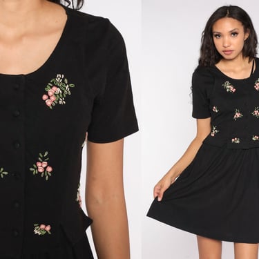Black Floral Mini Dress 90s Grunge Embroidered Flower Button Up Dress 1990s Boho Vintage Minidress Fit and Flare Short Sleeve Summer Small S 