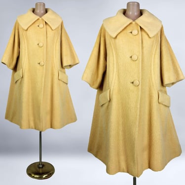 VINTAGE 60s Canary Yellow Mohair Swing Coat by Lilli Ann L/XL | 1960s Tissé a Paris Banana Wool Trapeze Overcoat Dress Jacket | VFG 