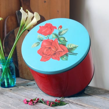 Red floral canister tin / large rose tin / vintage metal flower print canister / cottagecore / retro kitchen / shabby chic 