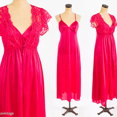 1970s Magenta Pink Nightgown Peignoir | 70s  Bright Pink Nightgown & Robe Set | Small 