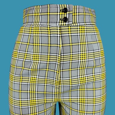 Mod plaid pants from the 70s. Yellow, white, black nonstretch poly. Cuffed wide legs. High rise. Short crop. (26 x 25) 