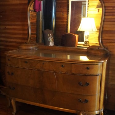 Blonde Rounded Dresser w Glass Top and Large Mirror