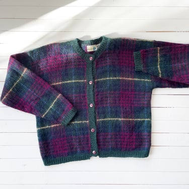 Christmas sweater 90s vintage red green plaid mohair cardigan 