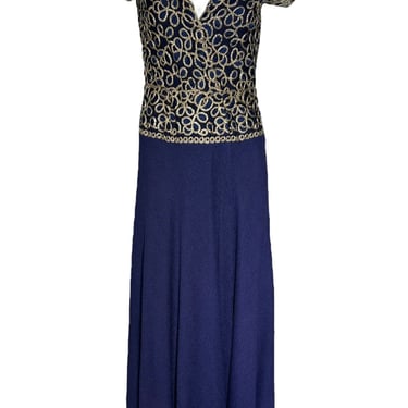 Stavropoulos Classic Navy Silk Crepe Gown with Gold Metallic Embroidery