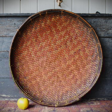 Vintage Asian Woven Rattan Rice Grain Winnowing Tray with Gorgeous Patina 