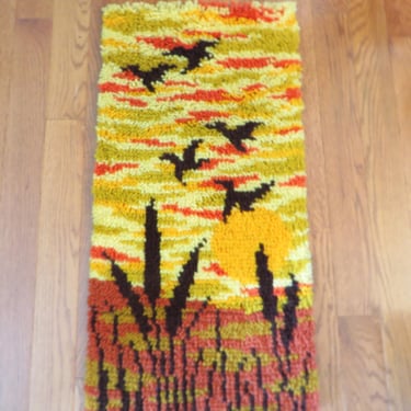 Vintage Latched Hooked Yarn Rug Wall Hanging - Latched Hooked Yarn Geese Wall Hanging 