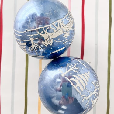Vintage Blue and White Christmas Village Scene Shiny Brite. Vintage Ornament with Sleigh and Winter Scene. 