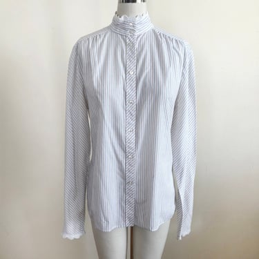 Light Blue and Red Striped Button-Down Shirt with High-Neck - 1980s 
