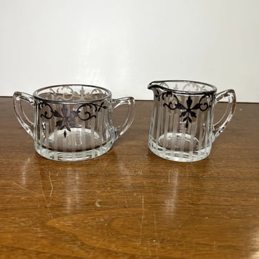 Antique Art Deco Etched Glass Silver Overlay Sugar and Creamer Set Vertical Etch 