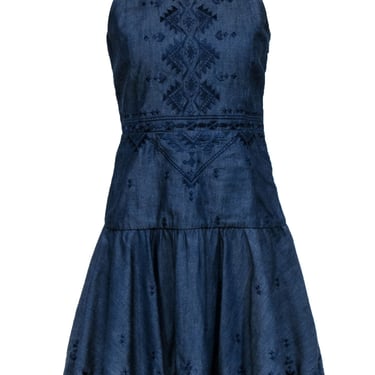 Parker - Blue Chambray Embroidered Trim Sleeveless Dress Sz XS