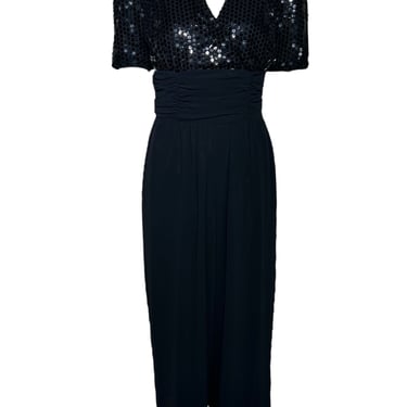 Opening Night 80s Black Sequin Ruched Waist Jumpsuit