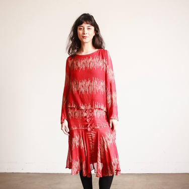 1920s Cherry Red Abstract Shawl Dress 