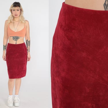90s Faux Suede Skirt Red Pencil Skirt Fake Suede Skirt 1990s Vintage High Waist Wiggle Midi Skirt Gothic Party Vamp Tight Bodycon Small 