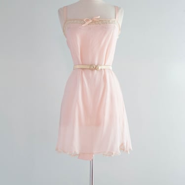 Delicate 1920's Shell Pink Hand Embroidered Silk Step-In Chemise / M