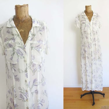 Vintage 90s Semi Sheer Floral Maxi Dress S - 1990s Grunge Cream Purple Button Front Long Sundress - Fairy Cottage Style 