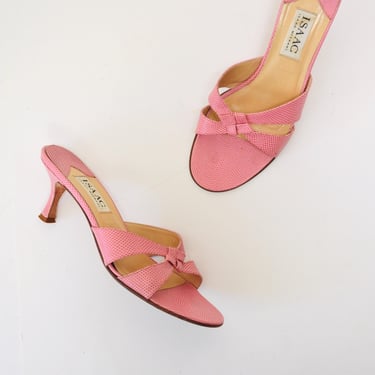 Vintage 90s 00s Pink High heels Slides Mules 8 1/2 High Heel Sandals Slides Pink Leather Low heel Sandals Shoes Isaac Mizrahi 