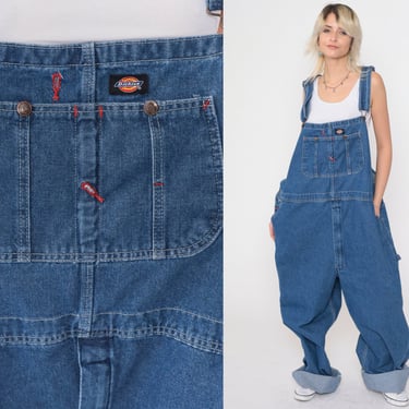 Men's Dickies Overalls 00s Blue Denim Bib Overall Pants Baggy Dungarees Workwear Jean Utility Carpenter Relaxed Fit Vintage Men's 50 x 32 