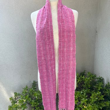 Vintage boho hand woven knit scarf cotton pinks tones Size 76” x 5.5” plus 2” 