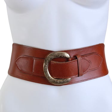 1980s Ginnie Johansen Wide Cognac Leather Belt - Vintage Wide Leather Belt - Vintage Cognac Leather Belt - Wide Leather Belt | Size Large 