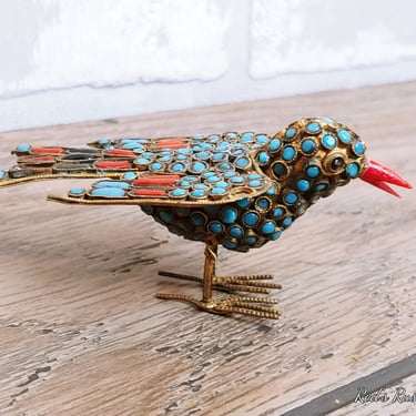 Tibetan Turquoise and Red Coral Stone Jewel Encrusted Bird Figurine 