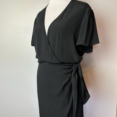 90’s does 40’s Black Rayon Wrap dress~ long midi length~ charming frock~ 1940’s pinup style~bias cut size LG 