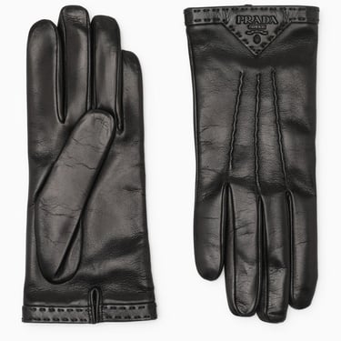Prada Black leather gloves with logo