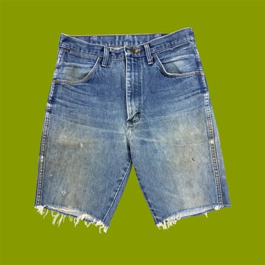 Vintage Denim Shorts Retro 1990s Wrangler + Size 32X36 + Bermuda + Board Shorts + Medium Wash + Distressed + Cutoff Jean Shorts + Unisex 