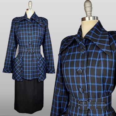 1940s Suit / Blue Plaid Suit / Dramatic 1940s Suit / Statement Pockets / Statement Collar / Size Small Medium 
