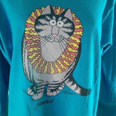 1980s/90s Vintage Blue Cotton  Knit L/S Cat Top/T shirt / Kliban / Hawaiian / size L 