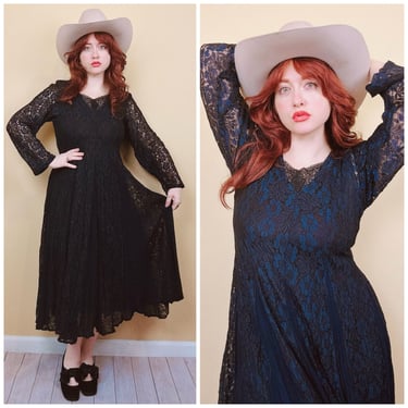 1990s Vintage Nostalgia Rayon Lace Dress / 90s Grunge Sheer Floral Navy Blue and Black Midi Dress / Size Small - Medium 