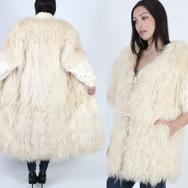 Convertible Tibetan Lamb Fur Coat / Vintage 80s Ivory Mongolian Curly Jacket / Cream Shaggy Unisex Capote Mountain Man Long Vest Coat 