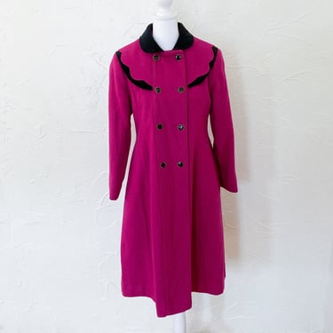 80s Kids Two Toned Magenta and Black Velvet Double Breasted Wool Dress Coat With Scalloped Detail | Youth Large/Women's XXS 