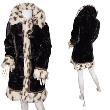 1970s Brown Leopard Trim Faux Fur Coat I Sz Med I Country Pacer 