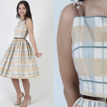 Classic 50s Full Circle Skirt Party Dress, Neutral Tone Rockabilly Fashion Outfit, Vintage Nude Checker Tank Gown 