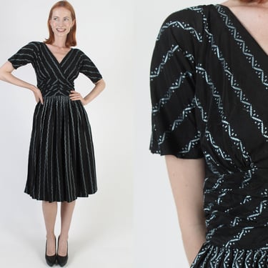 50s Striped Ethnic Embroidered Dress, Pinup Rockabilly Retro, Atomic Pin Up Black Party Outfit 