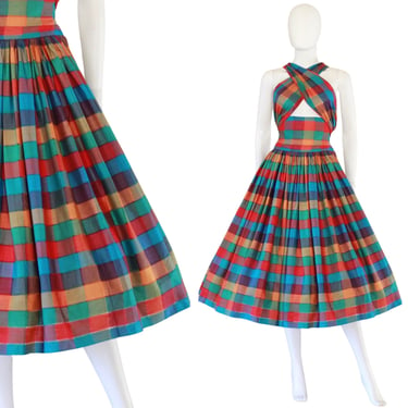 EXCLUSIVE Custom 1950s Rainbow Plaid Fit & Flare Convertible Sun Dress - 1950s Rainbow Dress - 1950s Fit and Flare Dress | Size Small 