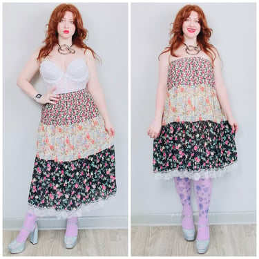 1980s Vintage Bonjour Floral Patchwork Peasant Skirt / 80s / Eighties Elastic Crinkle Sheer Lace Broomstick Skirt / Size Medium - XL 