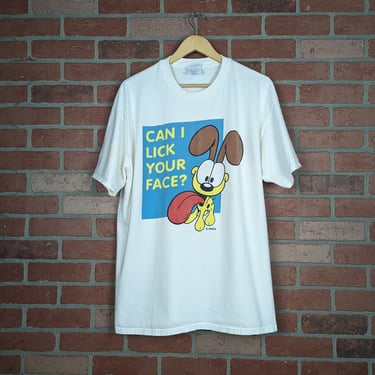Vintage 90s Garfield Odie "Can I Lick Your Face" ORIGINAL Cartoon Graphic Tee - Extra Large 