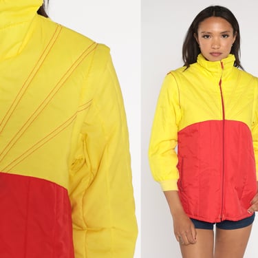 Bright Yellow Puffer Jacket 70s Ski Jacket Retro Convertible Zip Off Sleeve Vest Puffy Coat Color Block 1970s Red Puff Zip Up Extra Small xs 